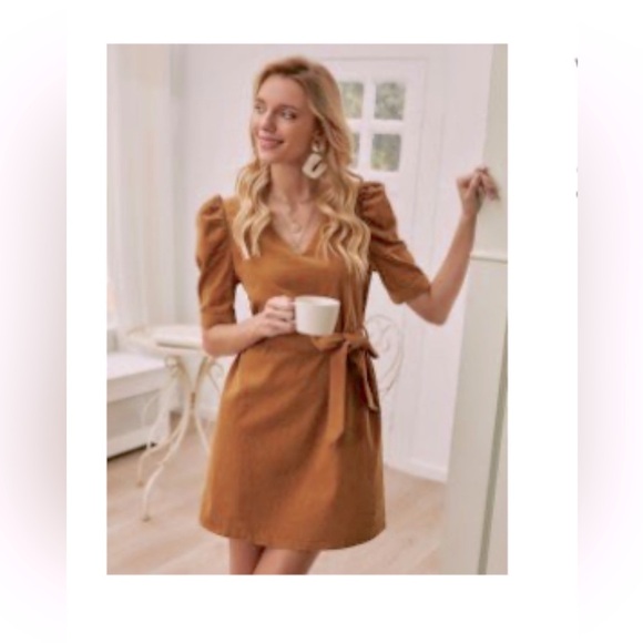 SHEIN V-neck Puff Sleeve Belted Tan/ Brown Mini Dress - Picture 1 of 9